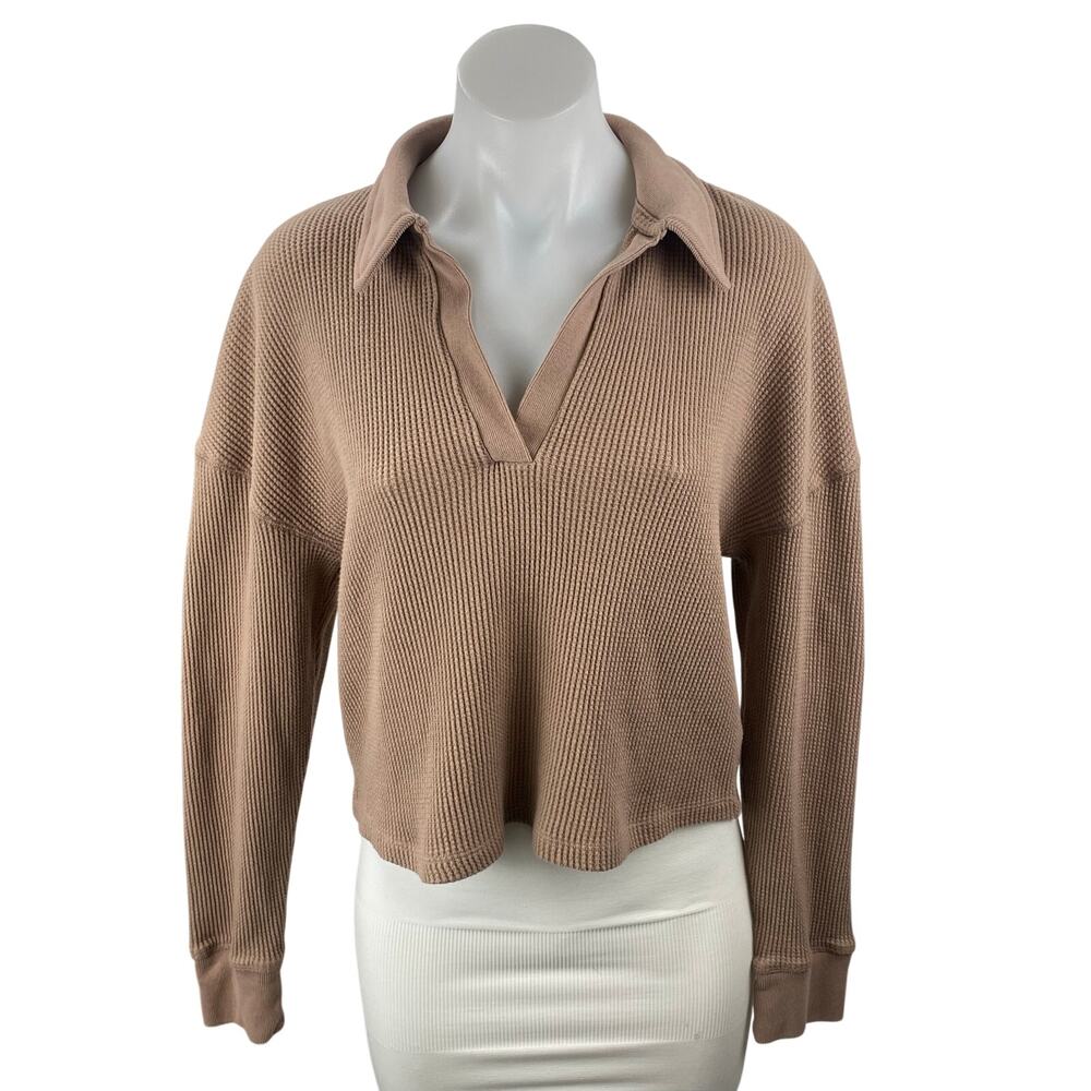 Abercrombie & Fitch Tan Waffle Knit Long Sleeve Polo Thermal Sweater Top Size M